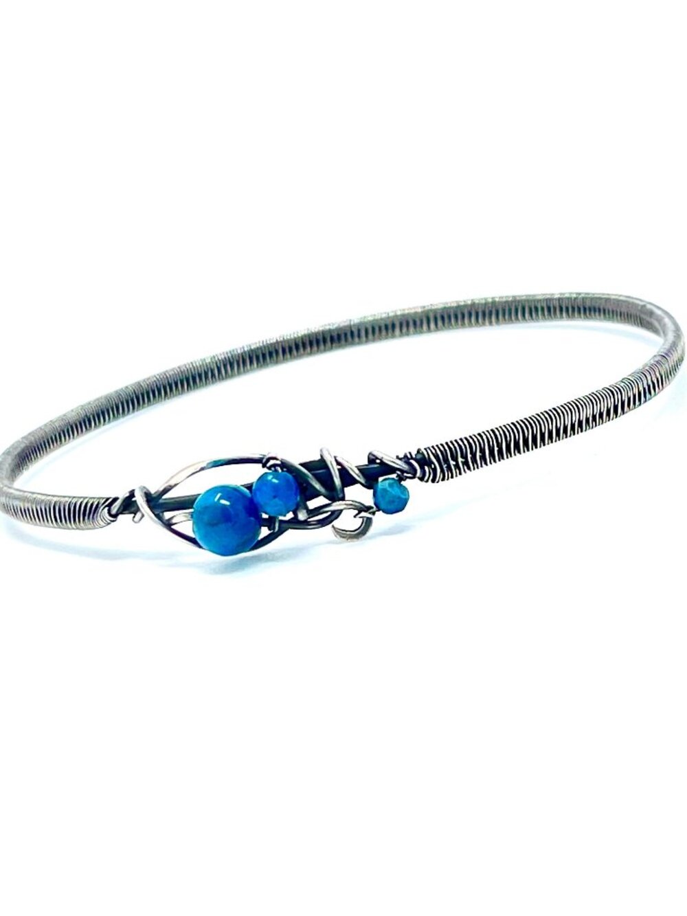 Apatite Gemstone Beads Silver Wire Wrapped Bangle — Handmade